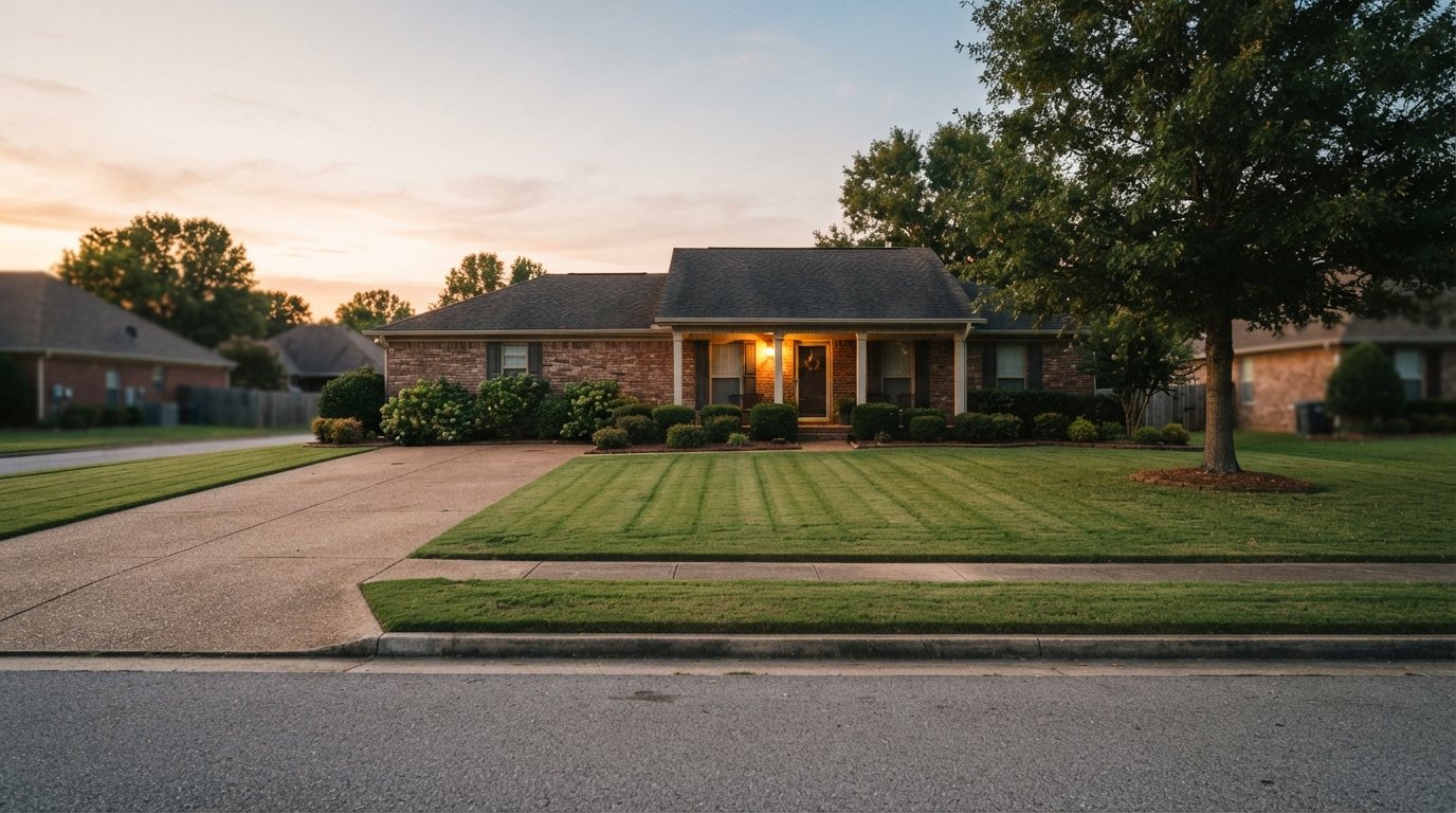 Wide view from the street at last light of a finished suburban Arkansas property: the mowed strip along the curb, the clean