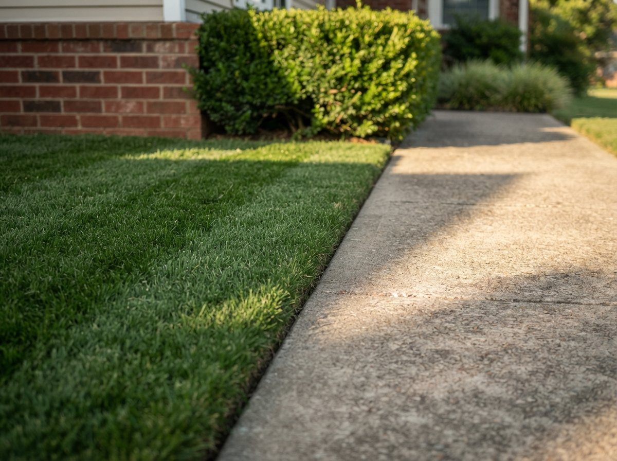 Close crop at ground level of the boundary where a freshly cut, striped lawn meets a swept concrete walk: the turf cut